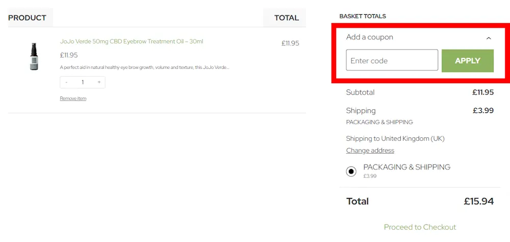 How to enter a CBD Flowers Direct voucher code in the checkout area on cbdflowersdirect.co.uk