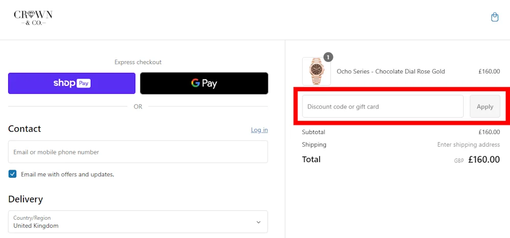 Screenshot showing where to apply a Crown and Co discount code during checkout on crwnandco.com