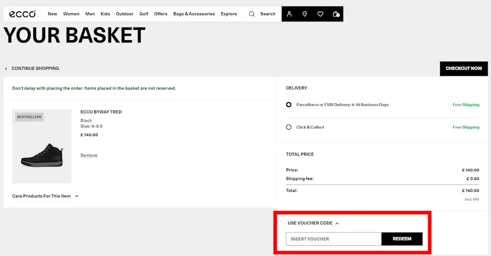 How to enter a ECCO voucher code in the checkout area on gb.ecco.com