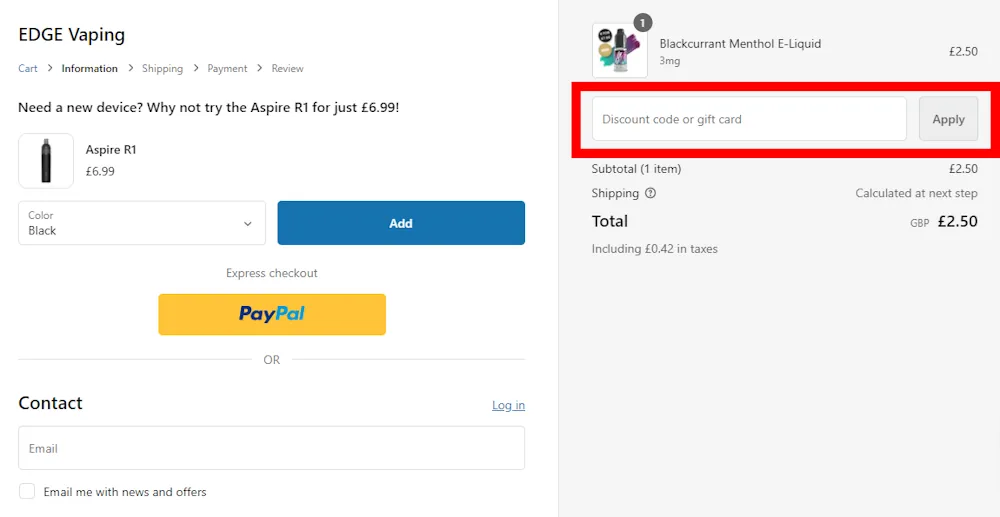 Screenshot showing where to apply a EDGE Vaping discount code during checkout on edgevaping.com