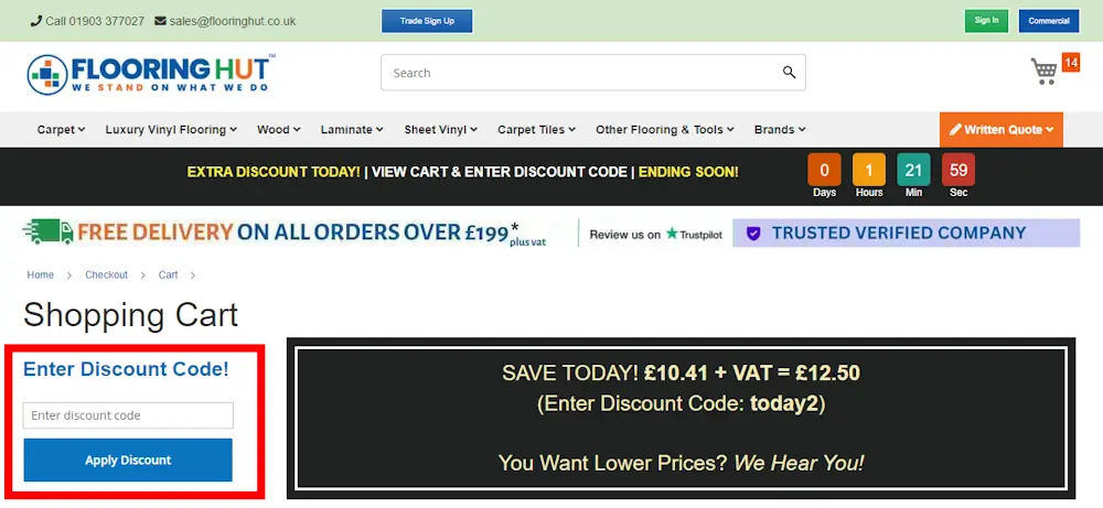 How to enter a Flooring Hut voucher code in the checkout area on flooringhut.co.uk.