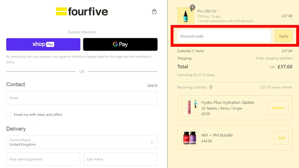 Screenshot showing where to apply a fourfive promo code during checkout on fourfive.com