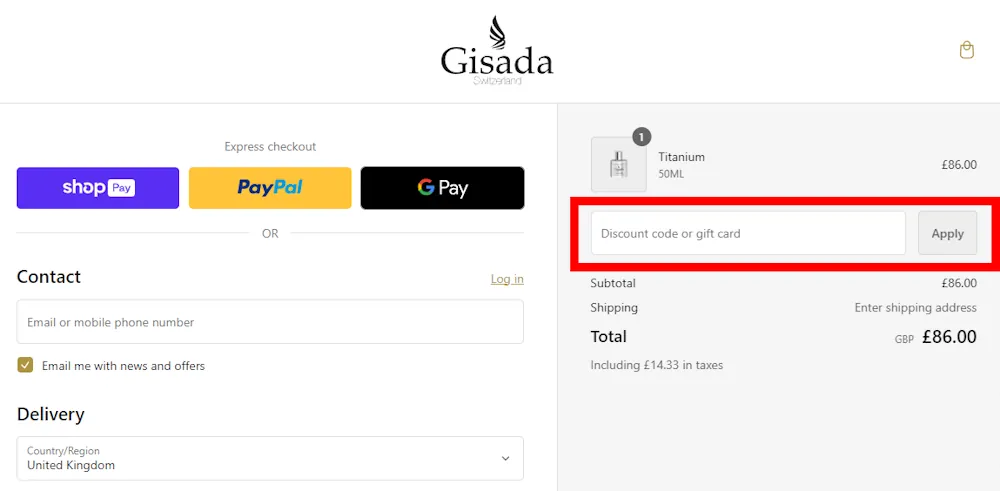 Screenshot showing where to apply a Gisada discount code during checkout on gisada.com.