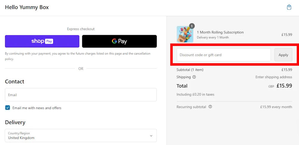 Screenshot showing where to apply a Hello Yummy Box discount code during checkout on helloyummy-box.com