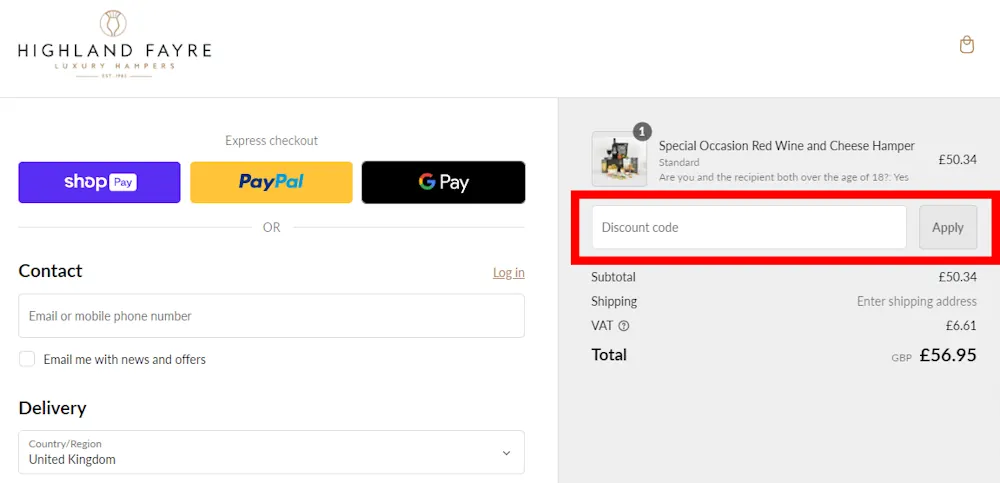 Screenshot showing where to apply a Highland Fayre discount code during checkout on highlandfayre.co.uk.