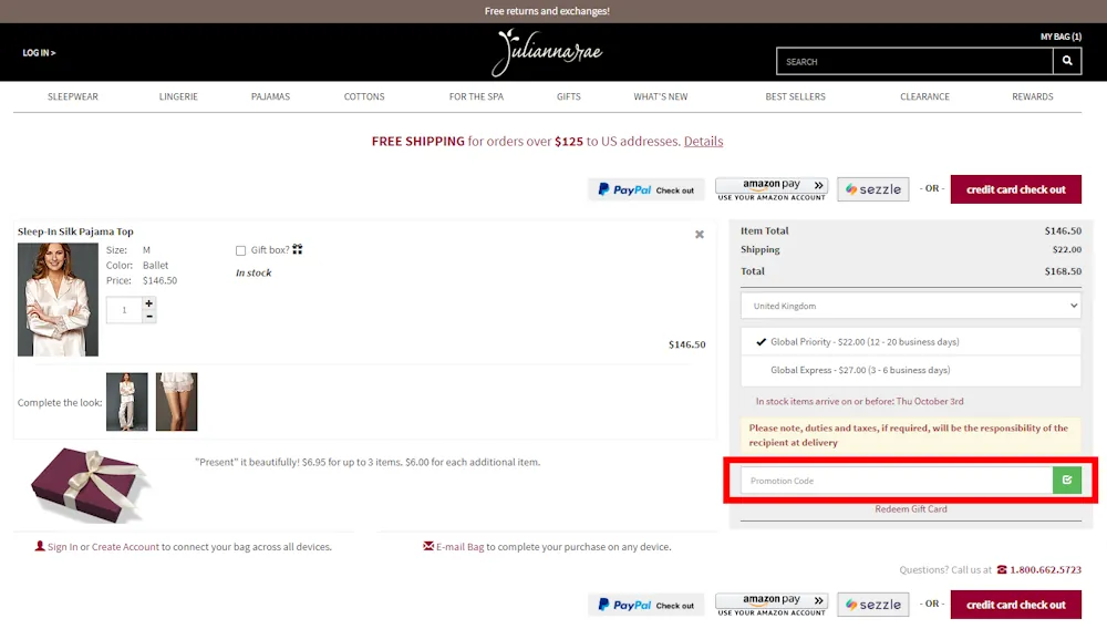 Screenshot showing where to apply a Julianna Rae discount code during checkout on juliannarae.com.
