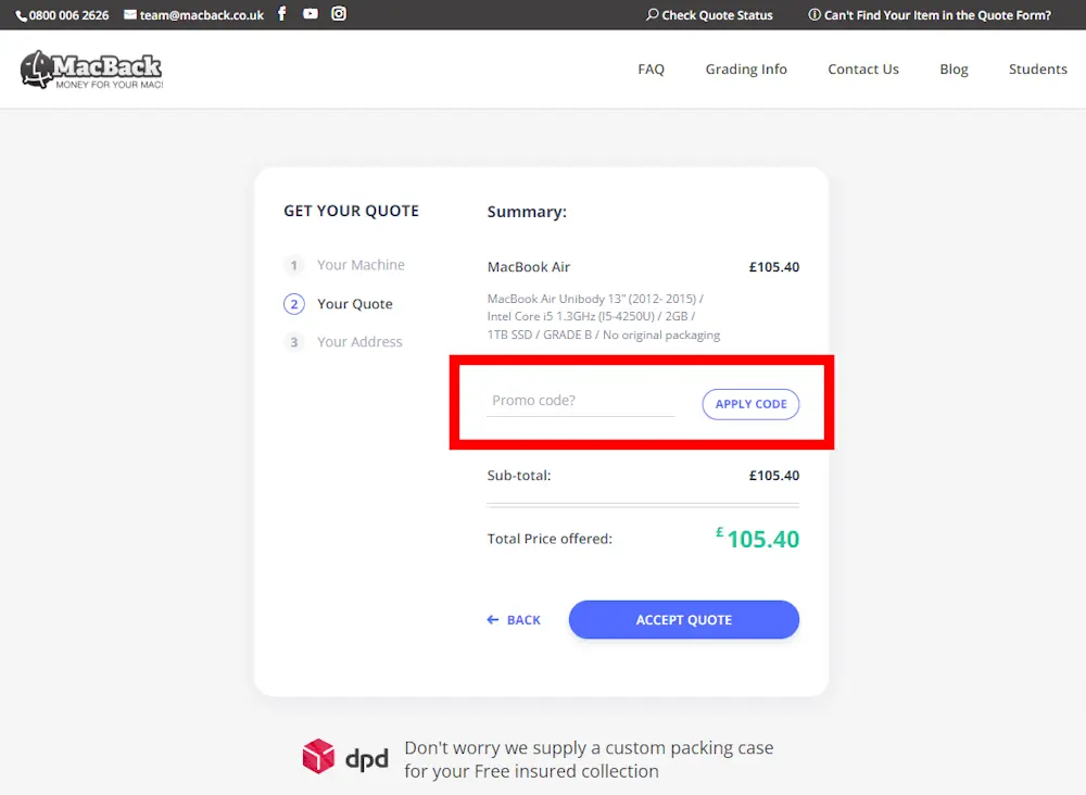 Screenshot showing where to apply a MacBack discount code during checkout on macback.co.uk
