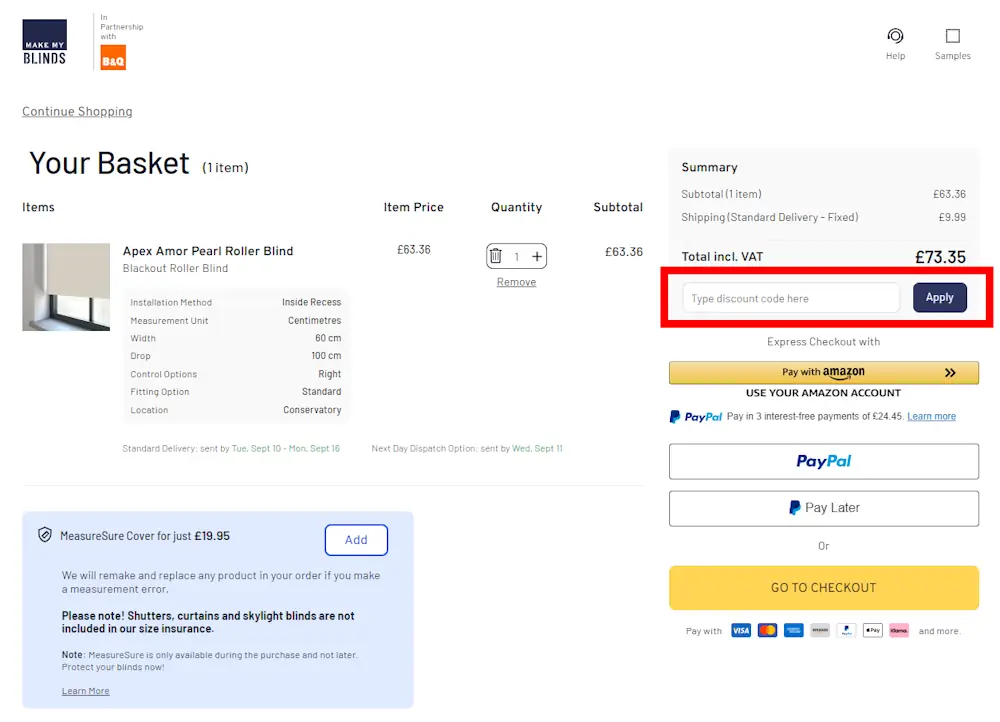 How to enter a Make My Blinds voucher code in the checkout area on makemyblinds.co.uk