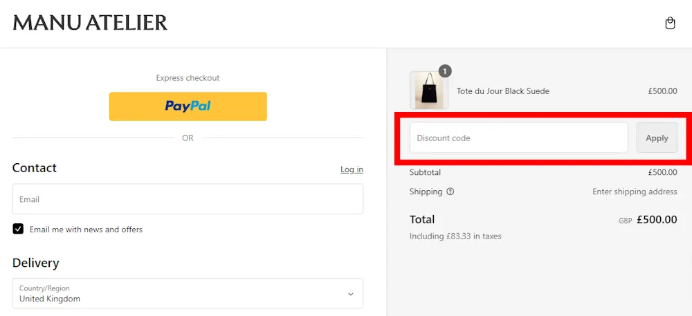 How to enter a Manu Atelier voucher code in the checkout area on manuatelier.com