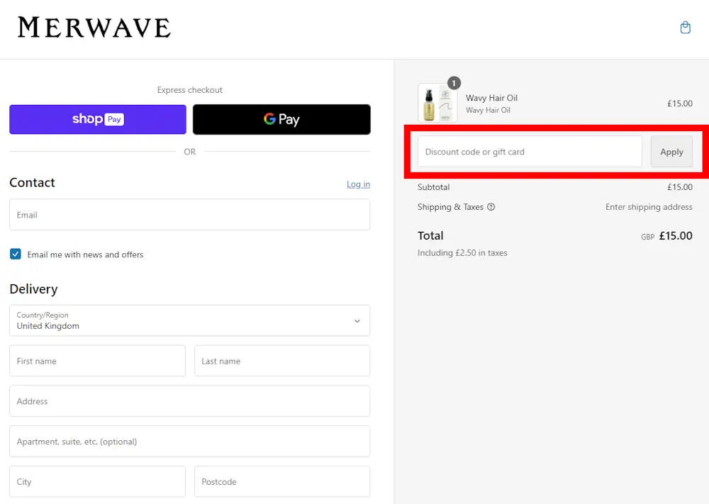 Screenshot showing where to apply a Merwave promo code during checkout on merwave.co.uk