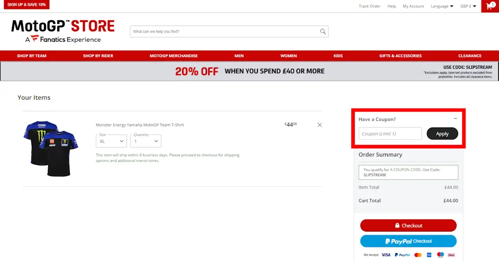 How to enter a MotoGP Store voucher code in the checkout area on store.motogp.com