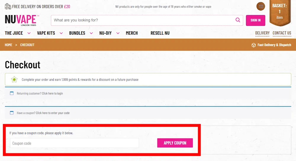 Screenshot showing where to apply a NU VAPE promo code during checkout on nu-vape.com