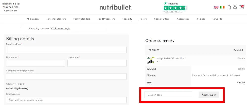 Screenshot showing where to apply a Nutribullet discount code during checkout on nutribullet.co.uk