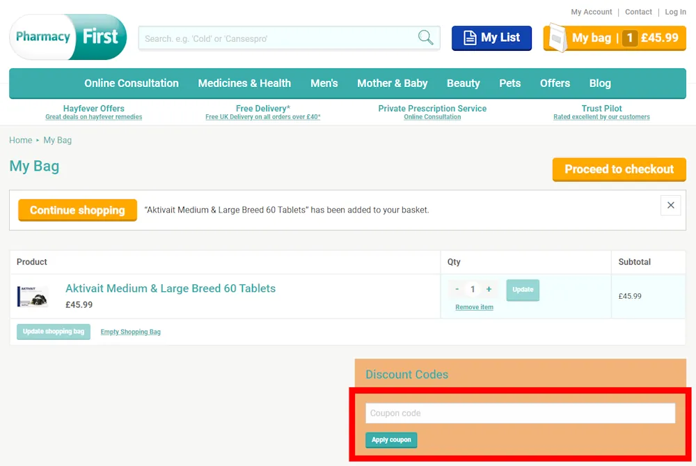 How to enter a Pharmacy First voucher code in the checkout area on pharmacyfirst.co.uk