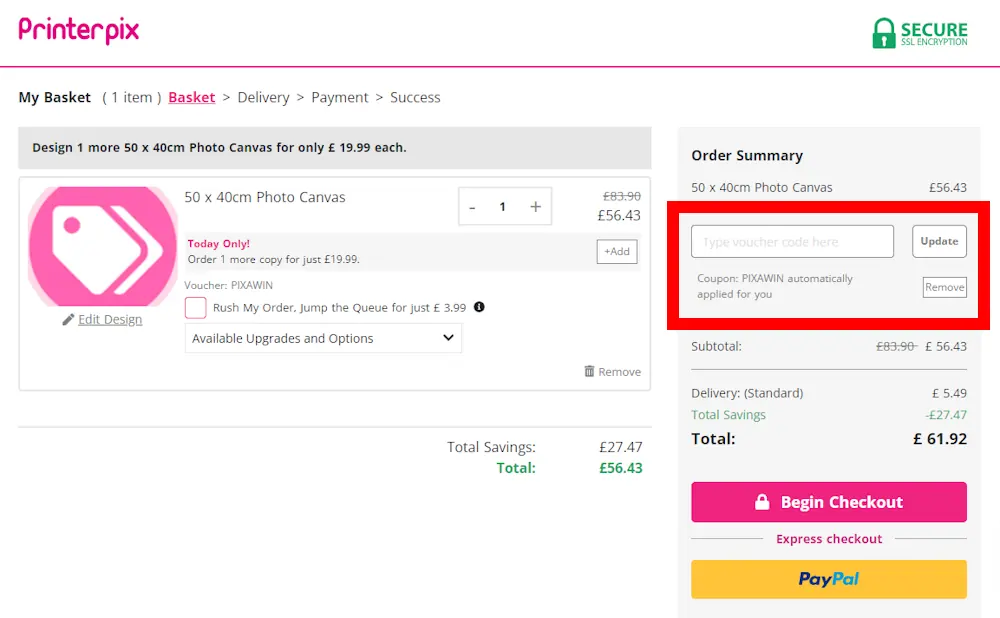 Screenshot showing where to apply a Printerpix discount code during checkout on printerpix.co.uk