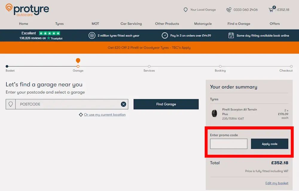 Screenshot showing where to apply a Protyre discount code during checkout on www.protyre.co.uk.