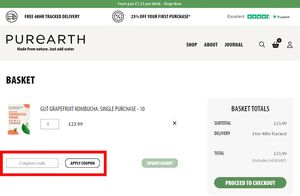 Screenshot showing where to apply a Purearth promo code during checkout on purearth.co.uk.