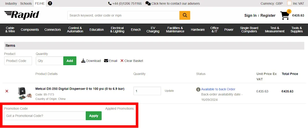 How to enter a Rapid voucher code in the checkout area on rapidonline.com