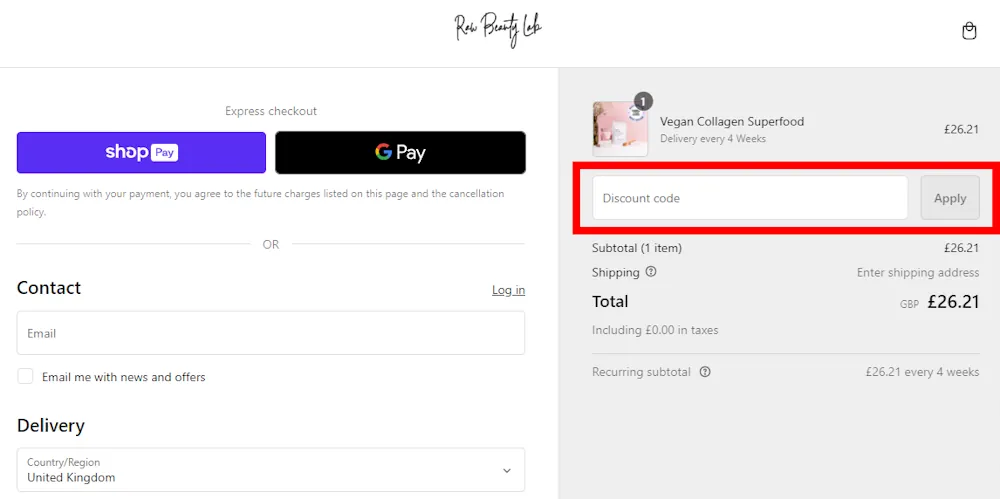 How to enter a Raw Beauty Lab voucher code in the checkout area on rawbeautylab.com