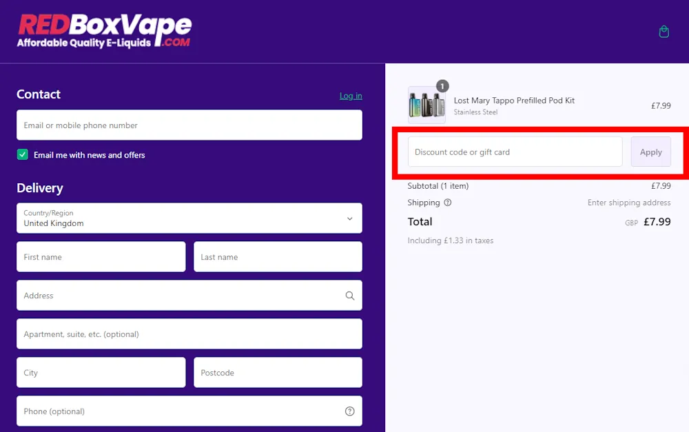 How to enter a Red Box Vape voucher code in the checkout area on redboxvape.com