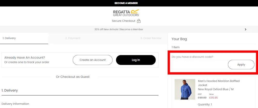 Screenshot how to enter a Regatta discount code on regatta.com.