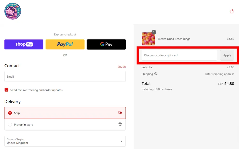Screenshot showing where to apply a SpaceSweets promo code at checkout on www.spacesweets.co.uk