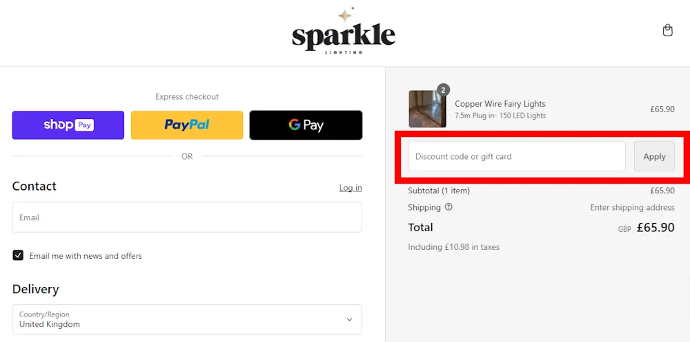 Screenshot showing where to apply a Sparkle Lighting code on sparkle.lighting