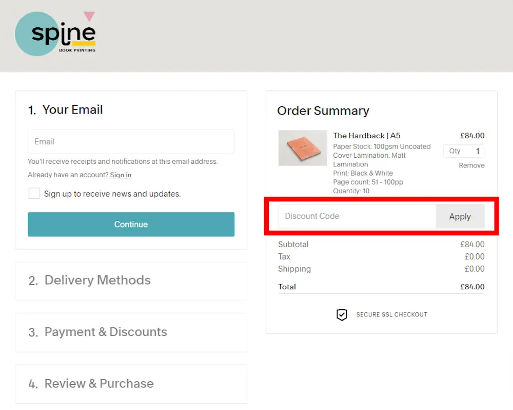 Screenshot showing where to apply a Spine Book Printing promo code during checkout on www.spinebookprinting.co.uk.