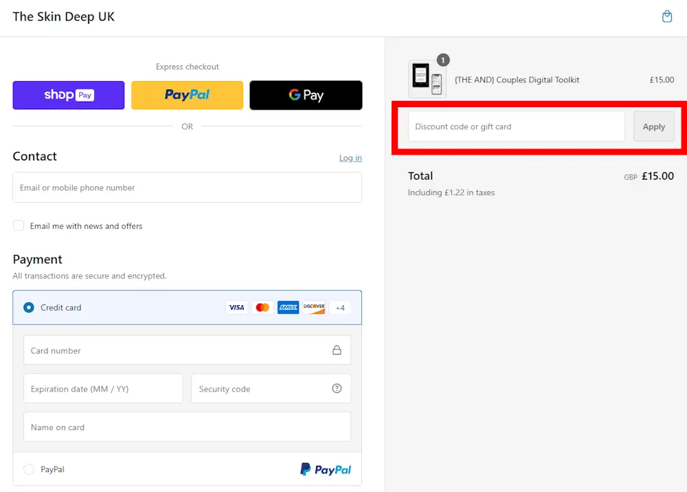 How to enter a The Skin Deep voucher code in the checkout area on theskindeep.co.uk