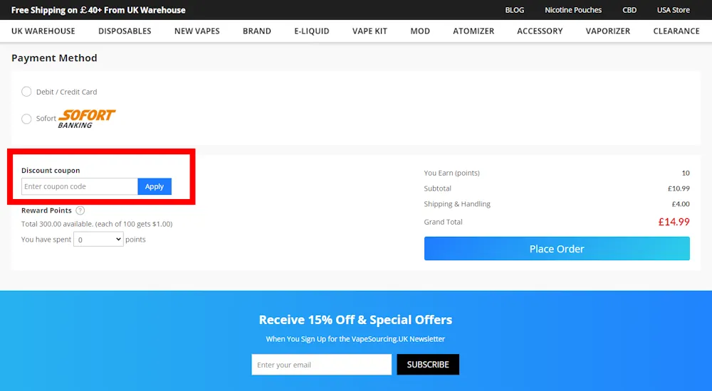 How to enter a Vapesourcing voucher code in the checkout area on vapesourcing.uk