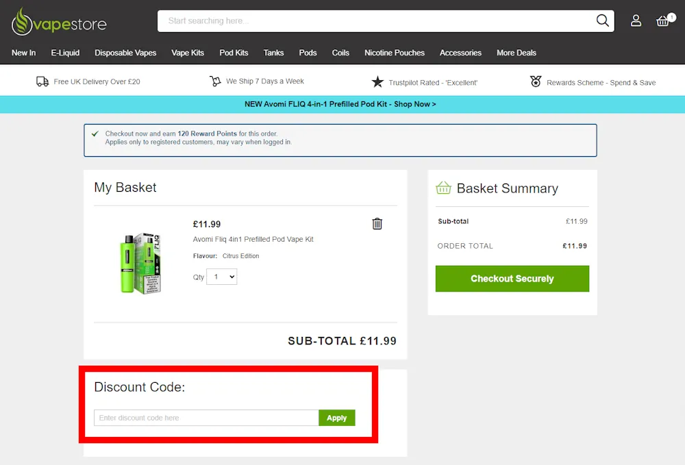 Instructions how to enter a verified discount code for Vapestore on vapestore.co.uk