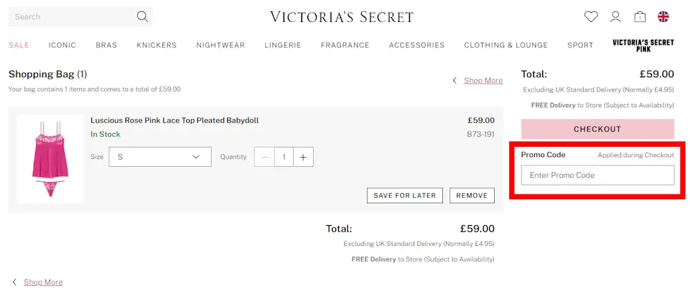 Instructions how to enter a verified discount code for Victoria's Secret on victoriassecret.co.uk
