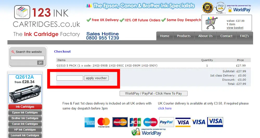 Image of how to enter a 123 Ink Cartridges voucher code on www.123inkcartridges.co.uk