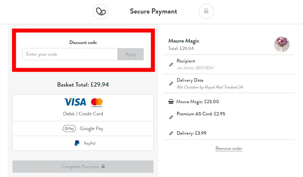 Screenshot showing where to apply a Bunches promo code during checkout on www.bunches.co.uk.
