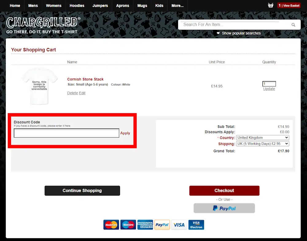 Screenshot showing where to apply a CharGrilled promo code during checkout on www.chargrilled.co.uk.