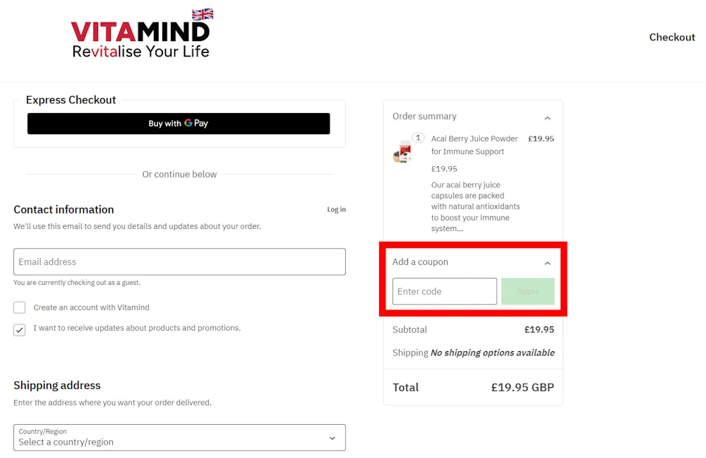 Instructions how to enter a verified discount code for Vitamind on vitamind.uk