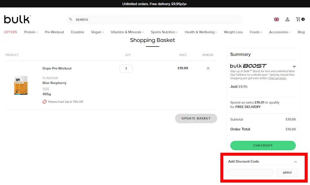 How to enter a bulk voucher code in the checkout area on bulk.com/uk/