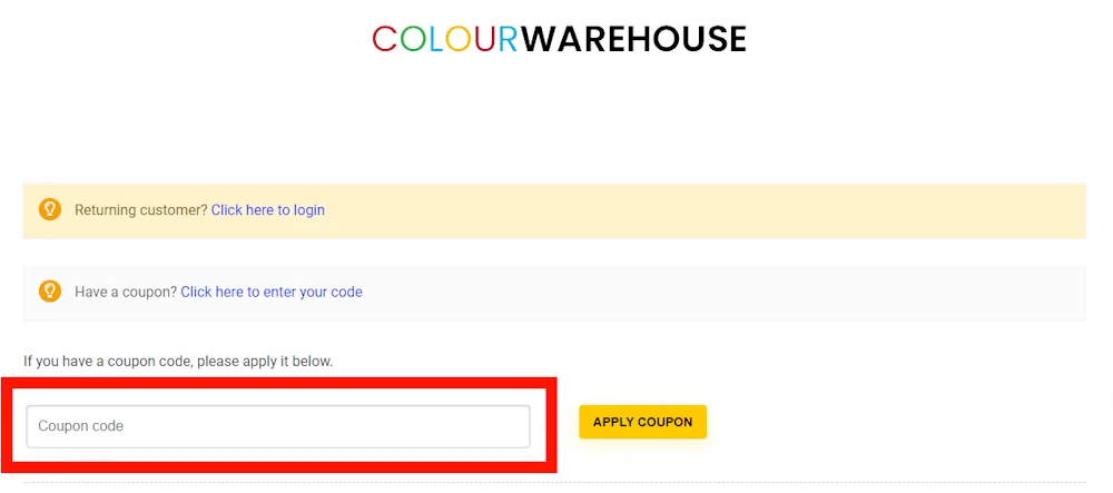 Screenshot showing where to apply a Colourwarehouse promo code during checkout on www.colourwarehouse.com.
