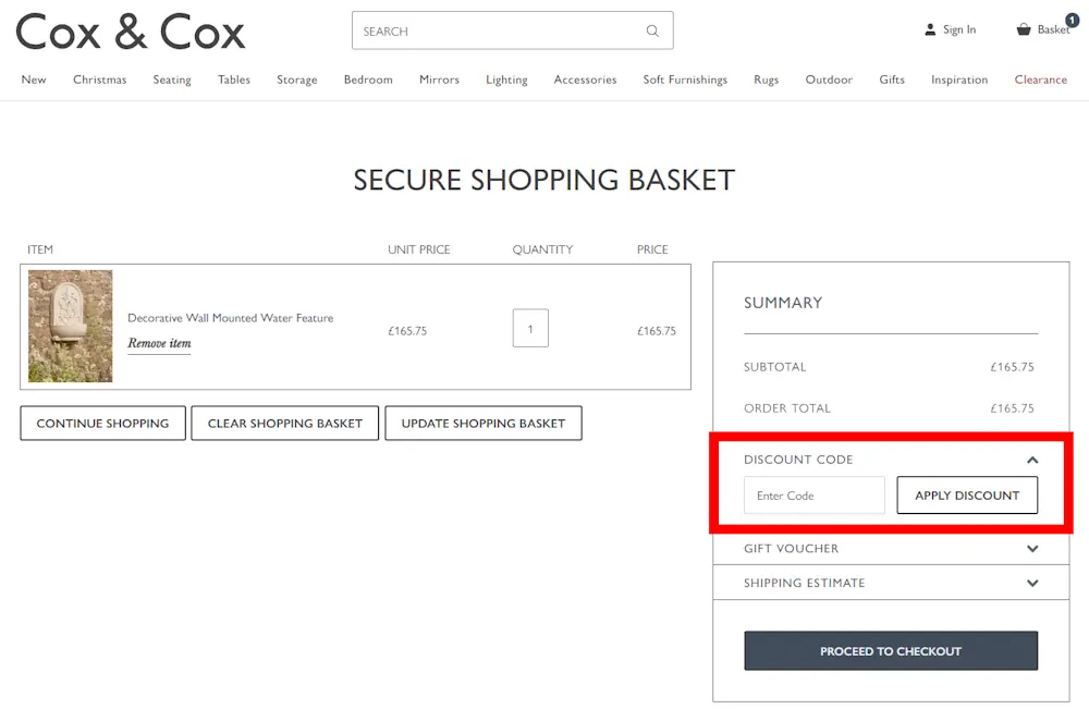 Screenshot showing where to apply a Cox & Cox promo code during checkout on www.coxandcox.co.uk.