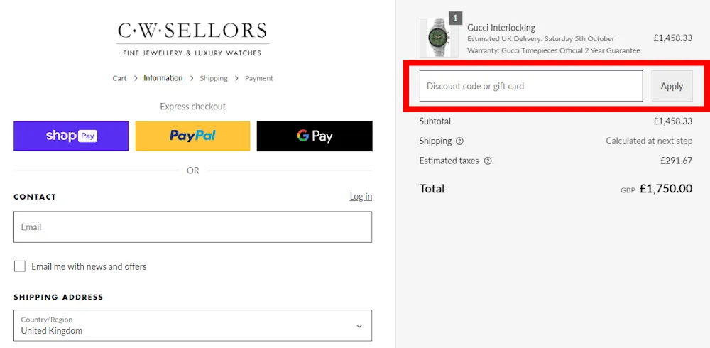Screenshot showing where to apply a CW Sellors promo code during checkout on www.cwsellors.co.uk.