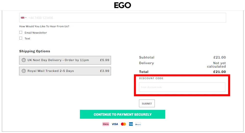 Screenshot showing where to apply a EGO Shoes promo code during checkout on ego.co.uk.