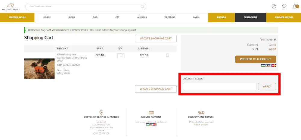 Screenshot showing where to apply a Gallop Store promo code during checkout on gallop-store.co.uk.