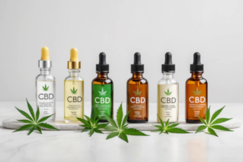 A table with various vape and CBD products displayed, surrounded by price tags and promotional signs