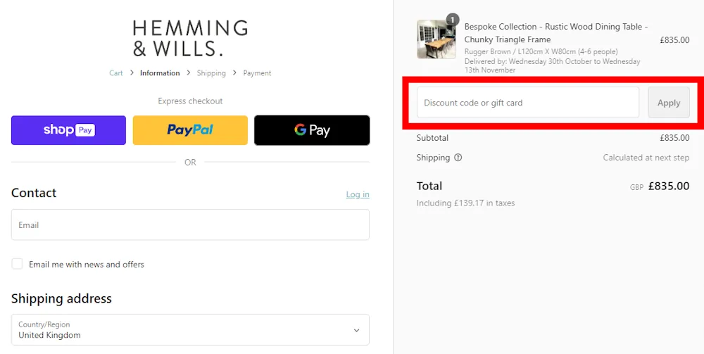 Screenshot showing where to apply a Hemming & Wills promo code during checkout on hemmingandwills.co.uk.
