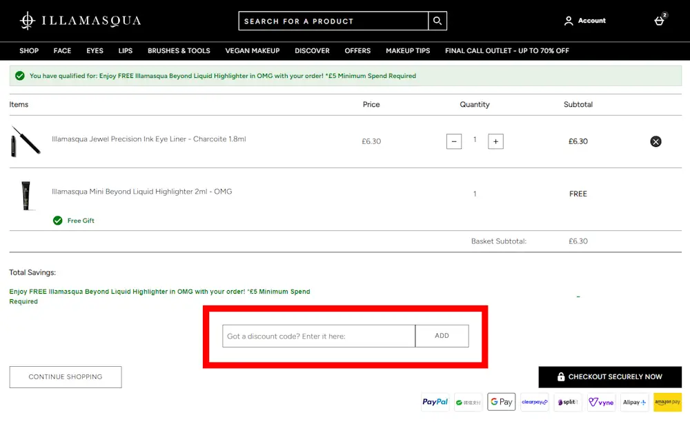 Instructions how to enter a verified discount code for Illamasqua on illamasqua.com