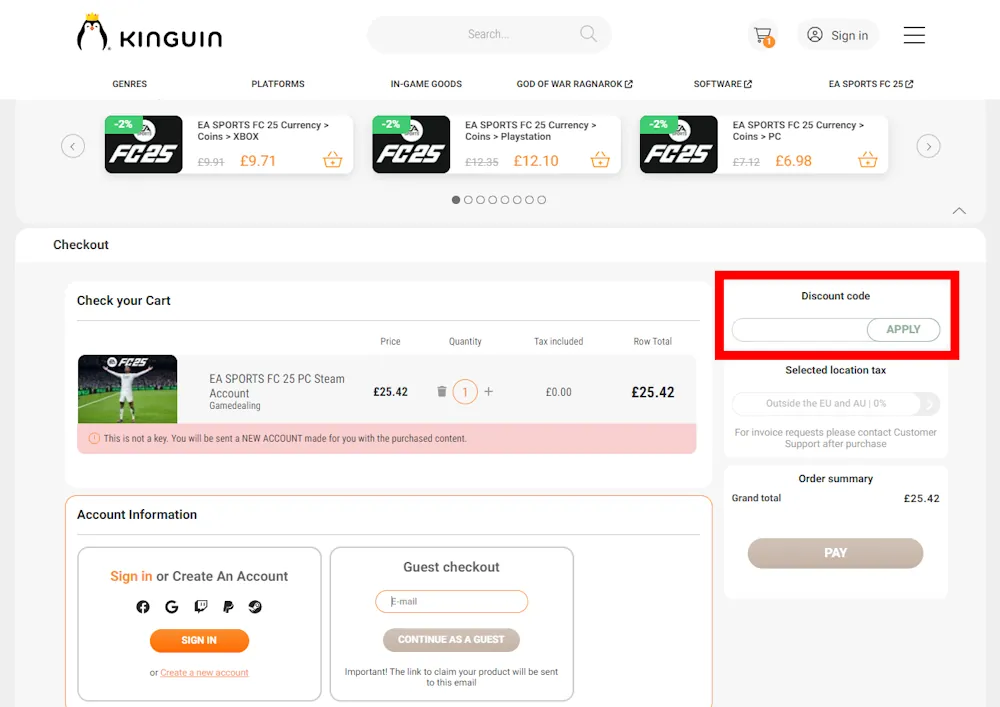 Screenshot showing where to apply a Kinguin promo code during checkout on www.kinguin.net.
