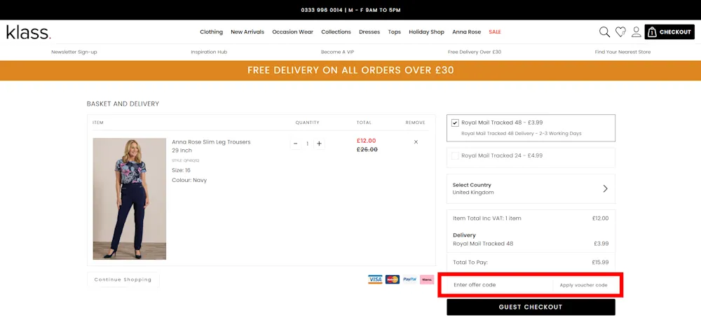 Screenshot showing where to apply a Klass promo code during checkout on www.klass.co.uk.
