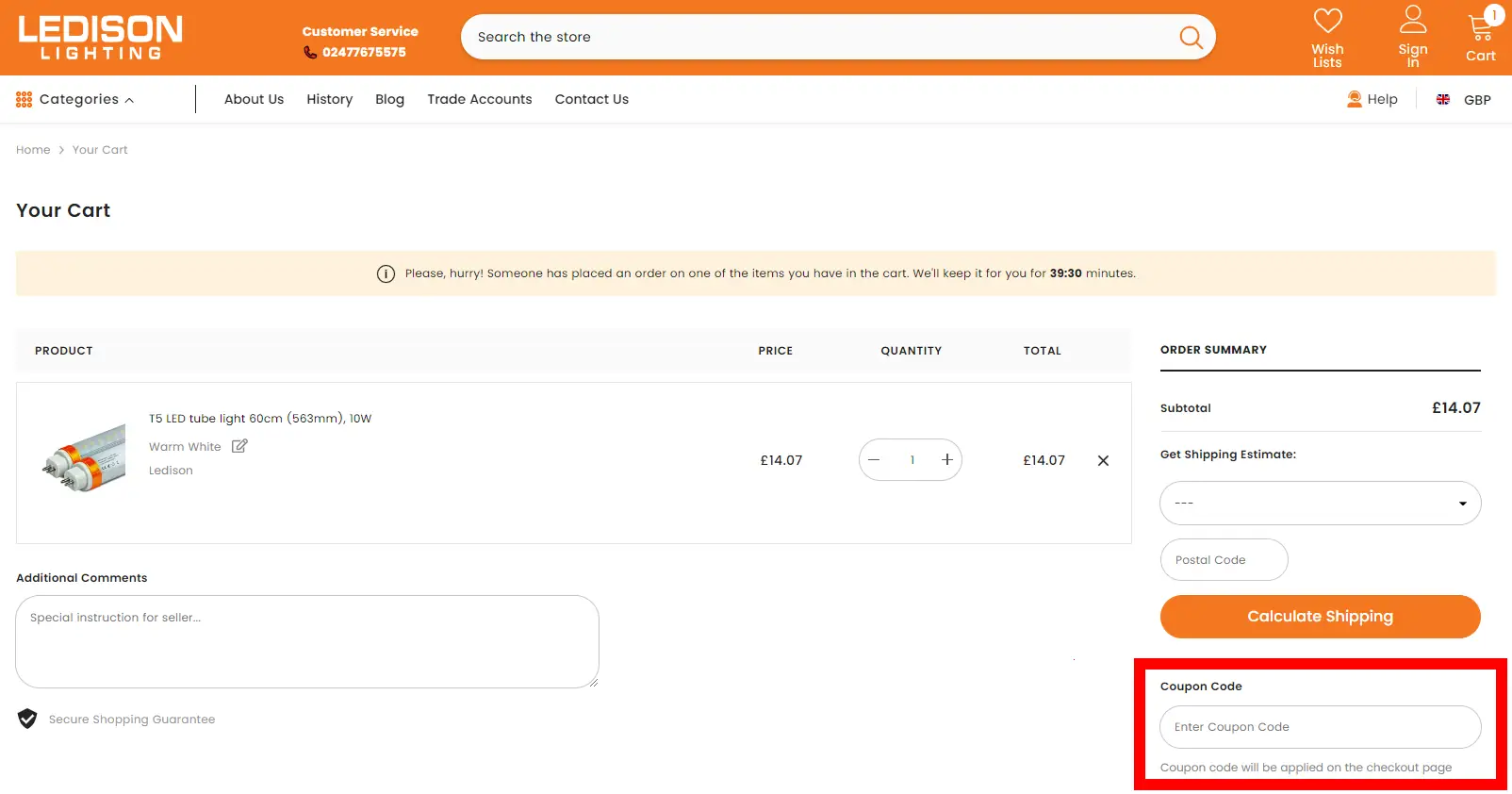 Screenshot showing where to apply a Ledison Lighting promo code during checkout on ledison-led-lights.co.uk.