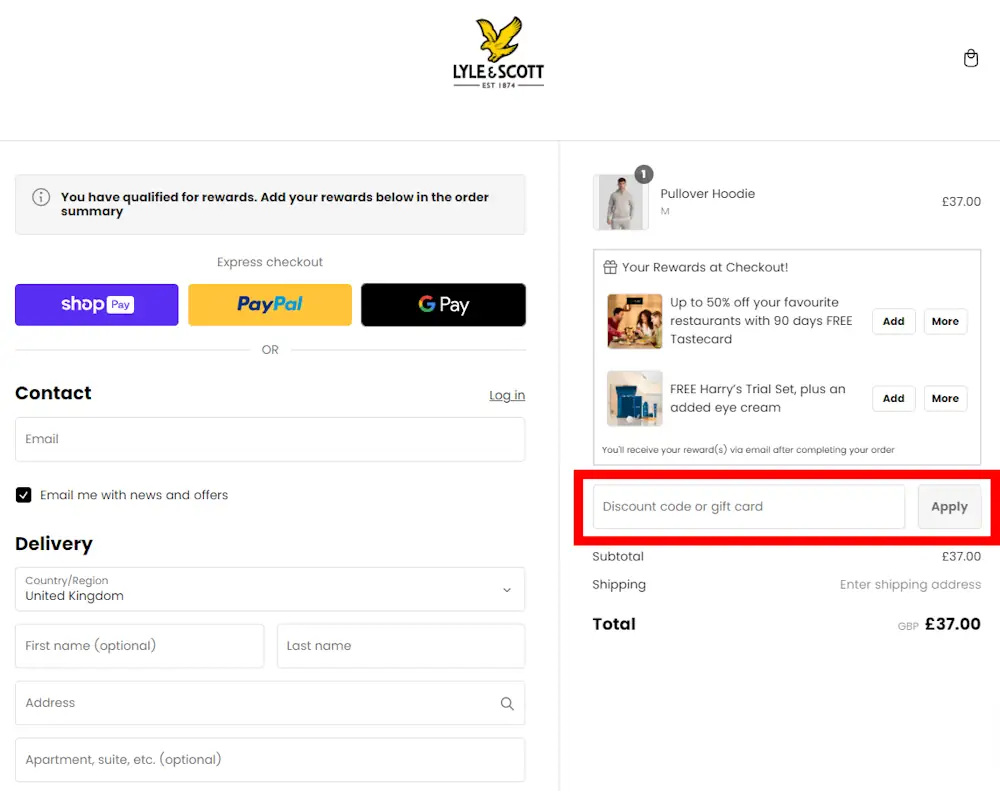 How to enter a Lyle & Scott voucher code in the checkout area on lyleandscott.com