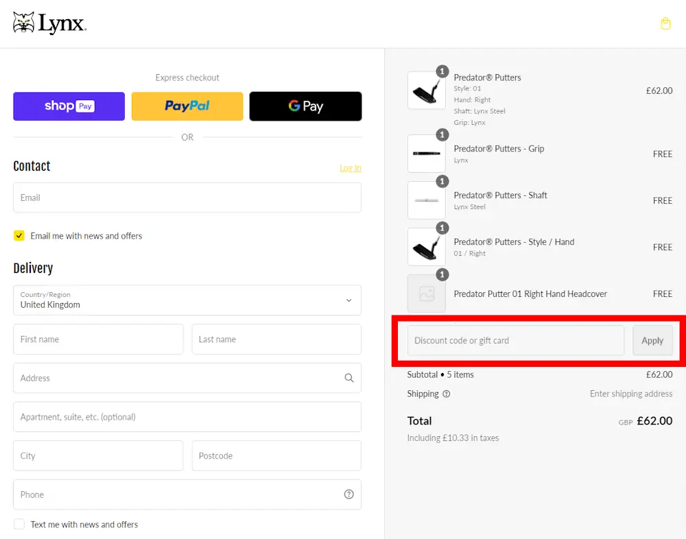How to enter a Lynx Golf voucher code in the checkout area on lynxgolf.co.uk